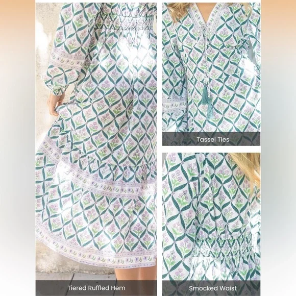 Sunny Spirit Maxi Boho Floral Print V Neck Flowy Tassel with Long Puff Sleeves. - Picture 14 of 16